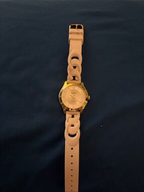 Coach Gold-Tone Watch with Nude Pink Chain-Link Silicone Strap
